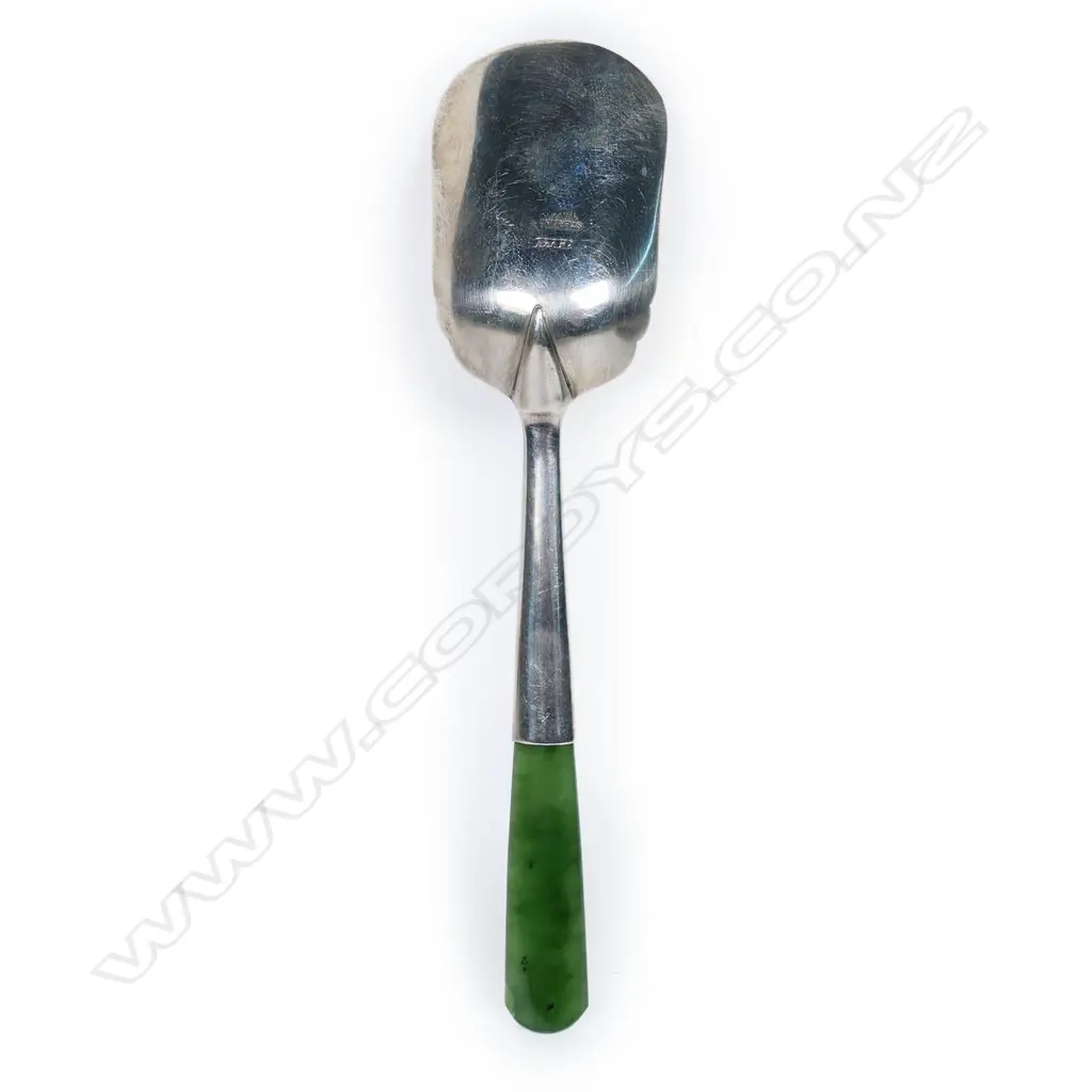 Joseph Swindell & Sons silver and pounamu sugar shovel spoon, Image 1++